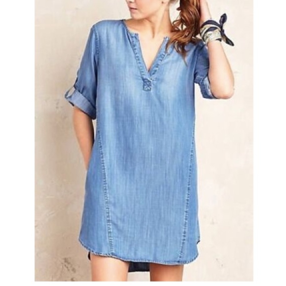 Anthropologie Cloth Stone Elena Chambray Denim Tencel Mini Tunic Shirt Dress XS